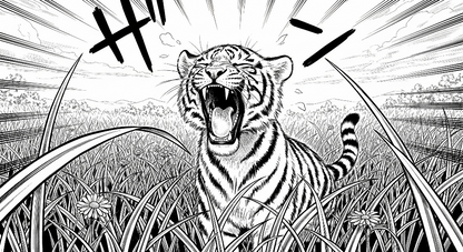 Kids-Mundo flat artwork of a roaring tiger in bold black and white linework with sun rays
