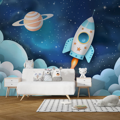 Kids-Mundo blue rocket and planets wall mural in a children's bedroom setting