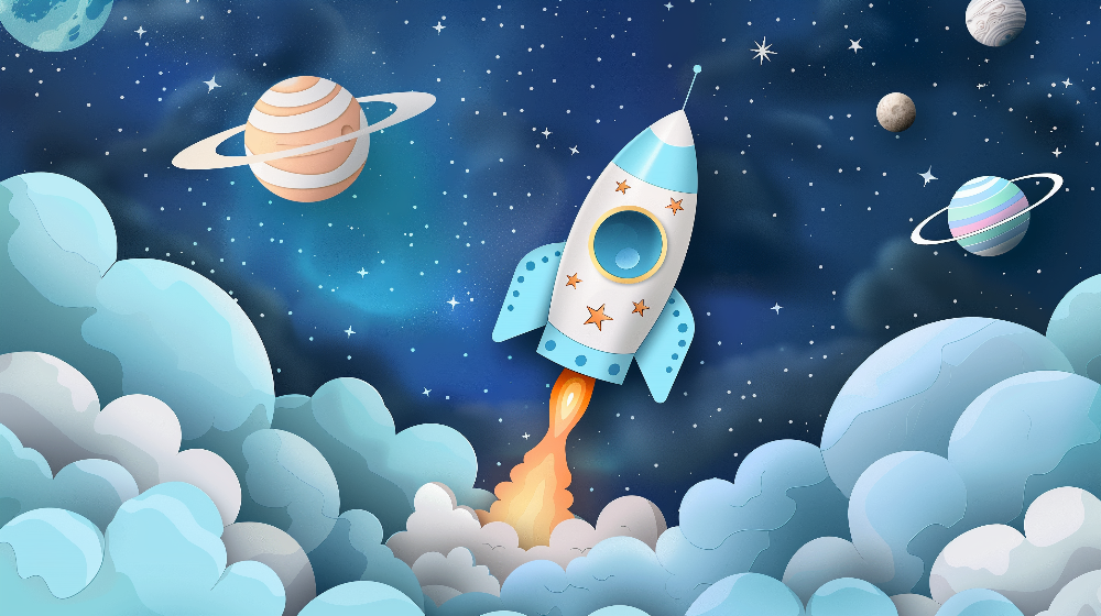 Rocket Launch Through Clouds and Planets Wall Mural