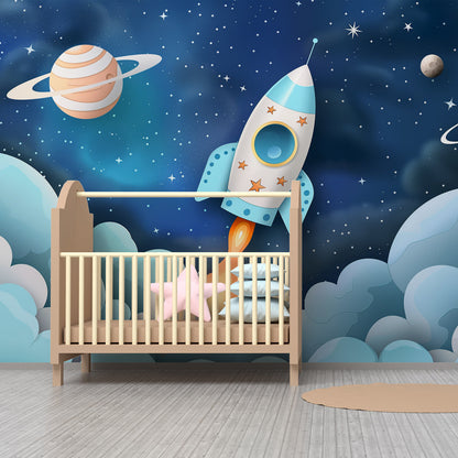 Kids-Mundo made-to-measure rocket wall mural brightening a bright shared playroom wall