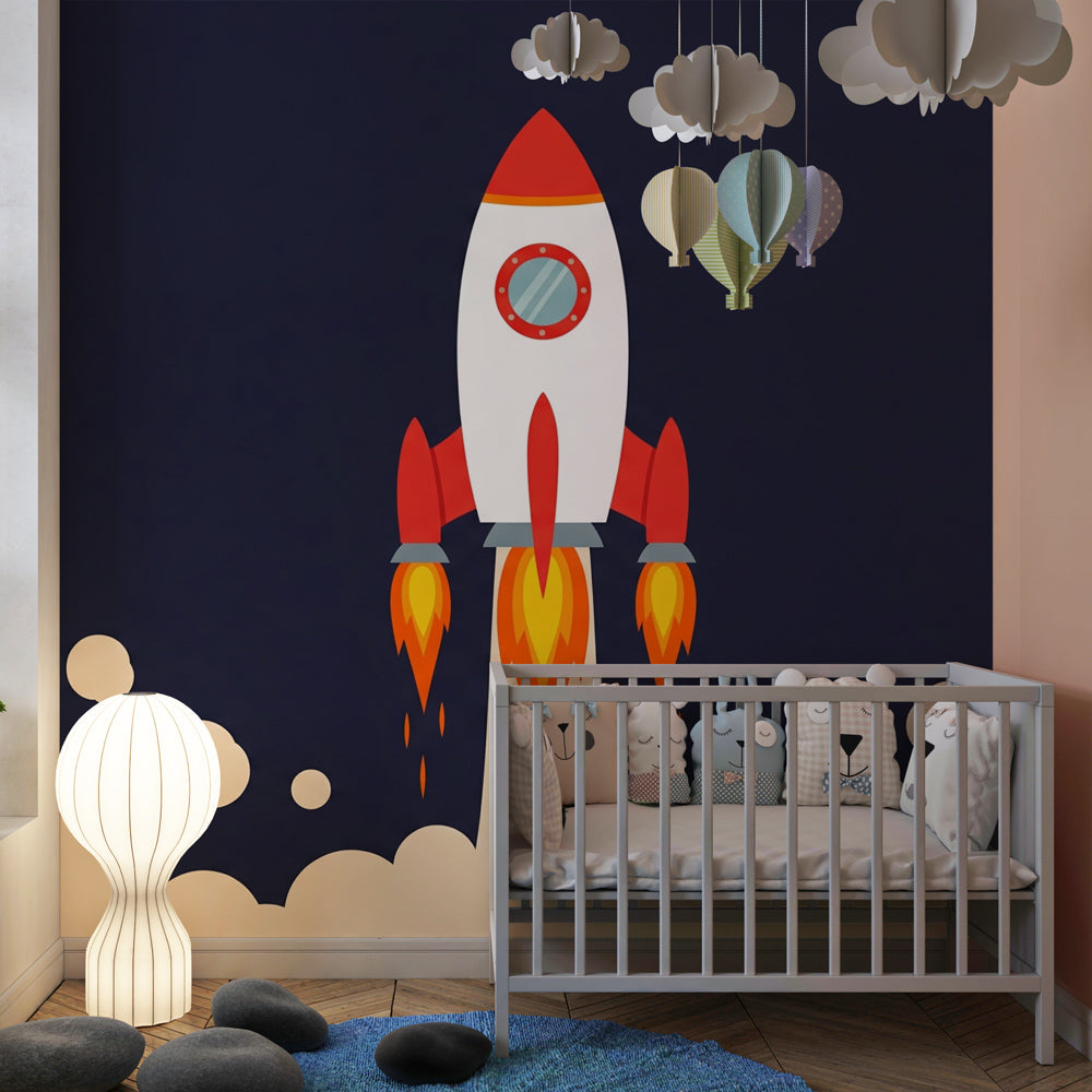 Kids-Mundo space rocket wall mural in a kids' bedroom, bringing a bold blast-off scene to the feature wall.