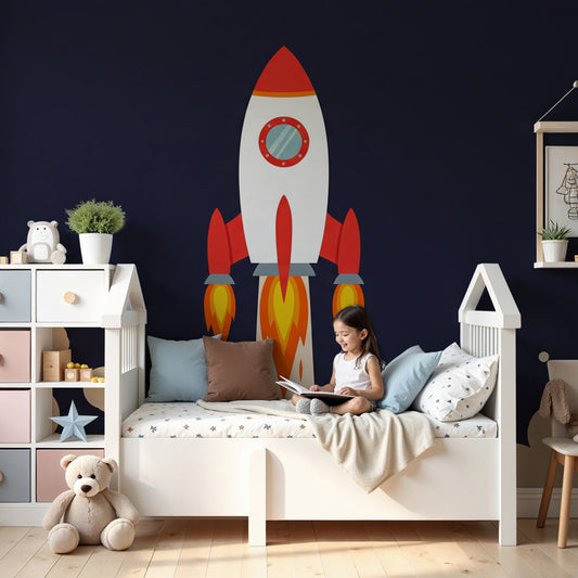 Kids-Mundo rocket wall mural in a nursery, a red rocket launching into a starry navy sky above the cot.