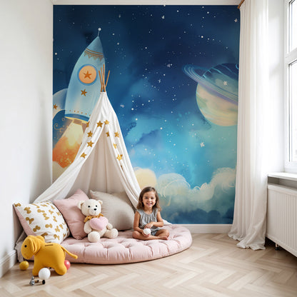 Kids-Mundo rocket and ringed planet wall mural in a starry blue baby nursery