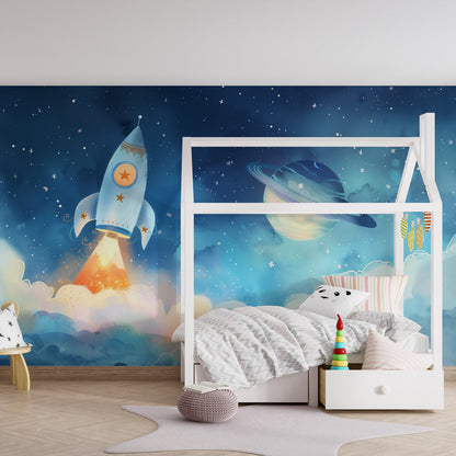 Kids-Mundo rocket, planet and stars wall mural featured in a bright children's playroom