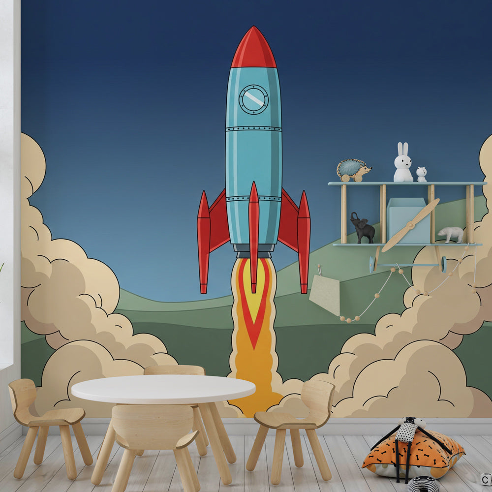 Colorful rocket mural wallpaper for space-themed nursery decor by Kids-Mundo