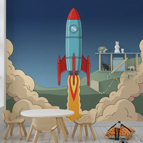 Colorful rocket mural wallpaper for space-themed nursery decor by Kids-Mundo