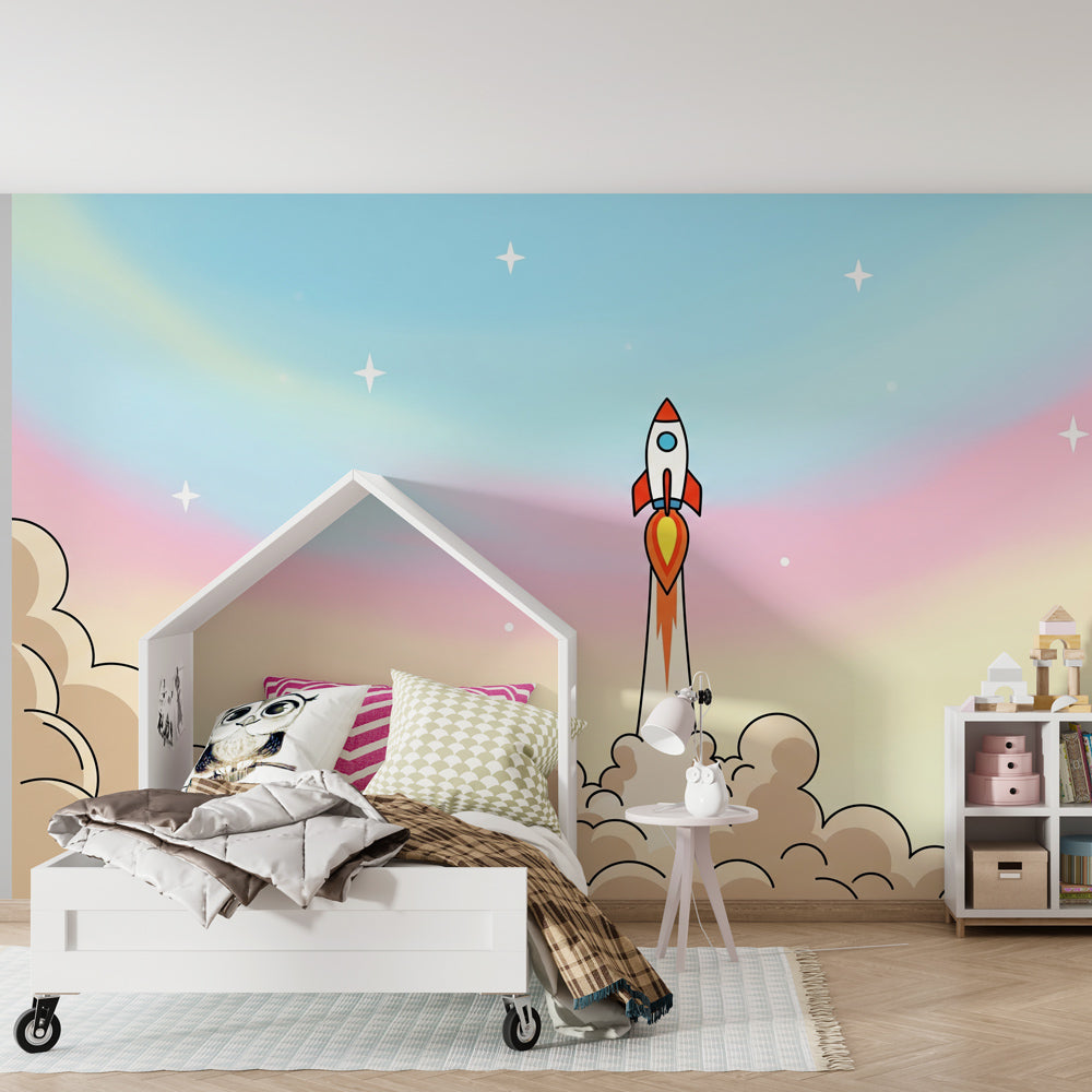 Space rocket wallpaper creating cosmic adventure theme in kids bedroom decor