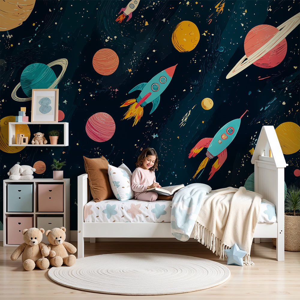 Kids-Mundo colourful rocket and planets wall mural in a playful nursery