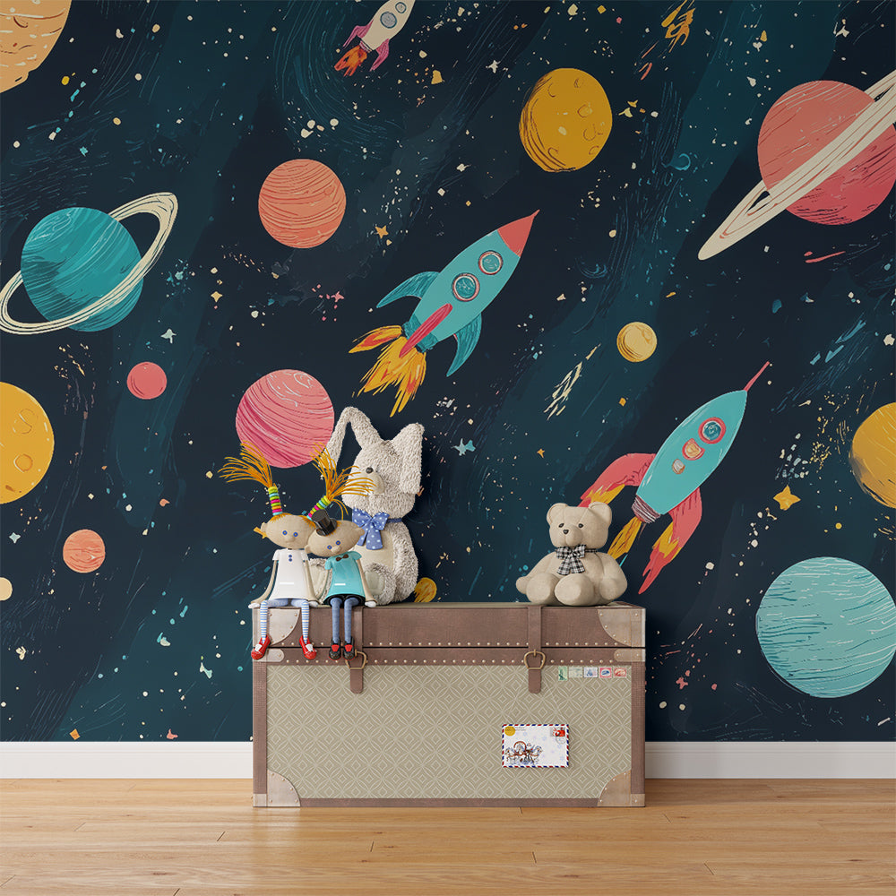 Kids-Mundo colourful space rocket wall mural styled in a busy shared playroom