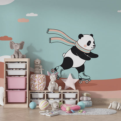 Kids-Mundo panda in a scarf roller-skating wall mural styled in a child's bedroom
