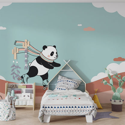 Kids-Mundo roller-skating panda wall mural brightening a playful children's playroom