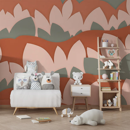 Kids bedroom featuring a Kids-Mundo terracotta hills and leaf wall mural above a bed