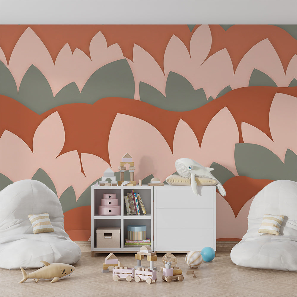 Playroom wall styled with a Kids-Mundo cream and sage leaf hills mural