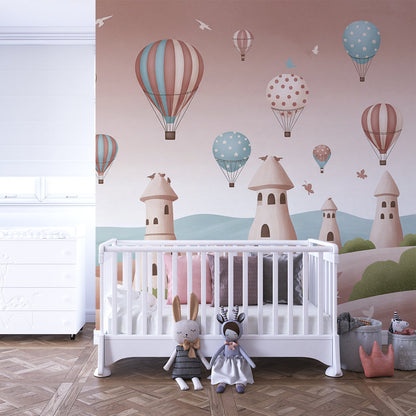 Kids-Mundo castle towers and balloon wall mural featured on a kids bedroom wall