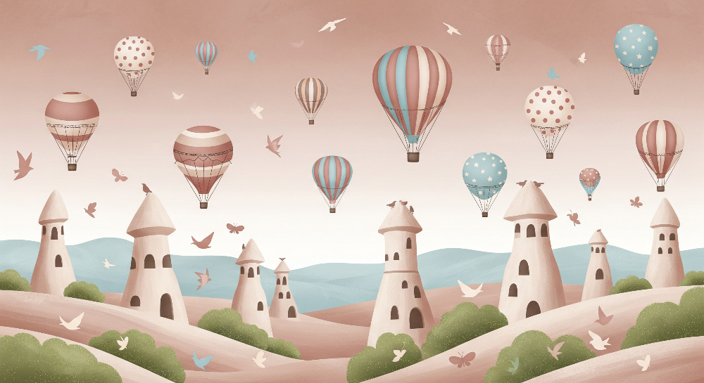Kids-Mundo flat artwork of rose-pink castle towers and hot air balloons for a wall mural
