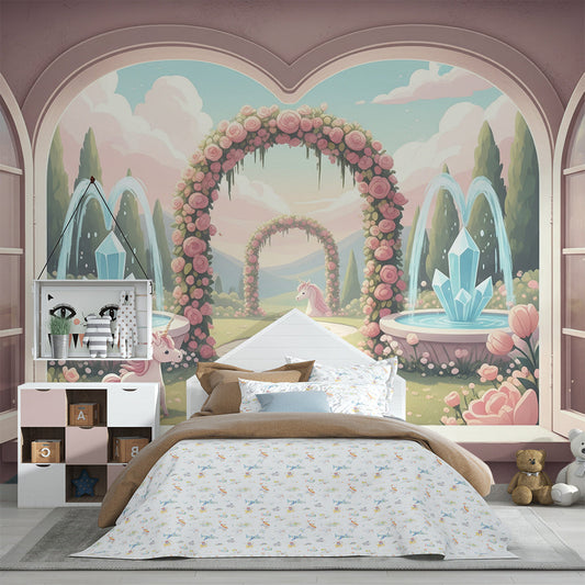 Kids-Mundo unicorn wall mural with rose arch and crystal fountains shown in a kids bedroom.