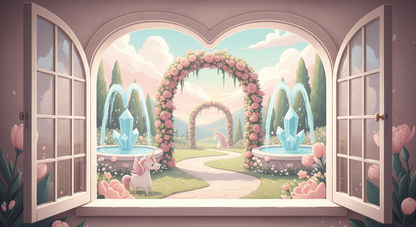 Kids-Mundo flat artwork preview of the rose garden wall mural design with two unicorns and fountains.