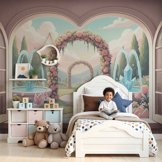 Kids-Mundo rose garden unicorn wall mural mockup styled in a pastel baby nursery interior.
