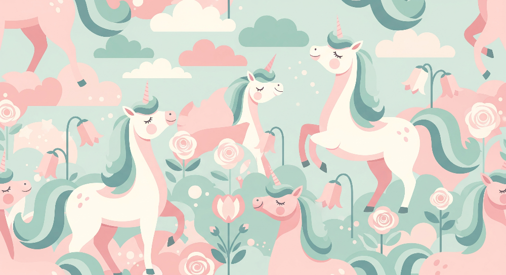Kids-Mundo flat artwork of the pastel rose garden unicorn wall mural in soft mint and pink