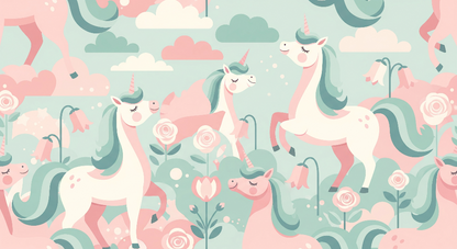 Kids-Mundo flat artwork of the pastel rose garden unicorn wall mural in soft mint and pink