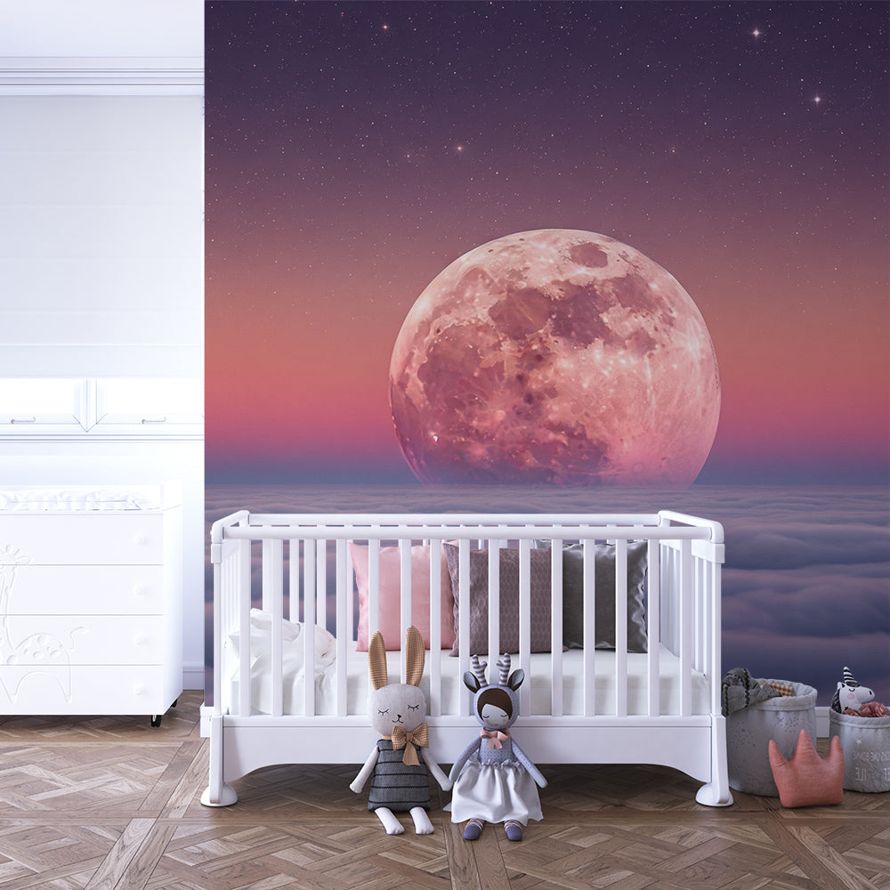 Starlit moon wall mural from Kids-Mundo brightening a soft children's playroom