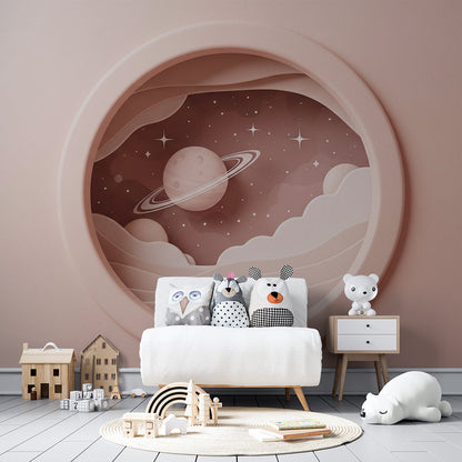 Kids-Mundo ringed planet porthole mural as a soft feature wall in a kids' bedroom