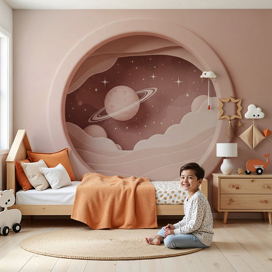 Kids-Mundo round porthole planet wall mural styled softly in a blush baby nursery