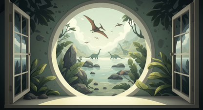 Kids-Mundo flat artwork of a round window revealing a lake with dinosaurs and a flying pterosaur.