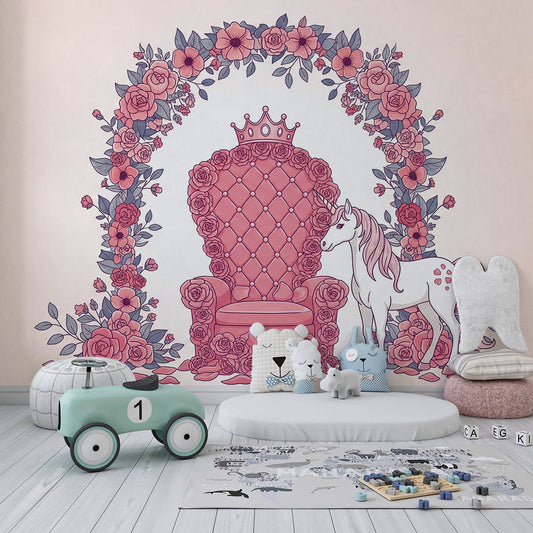 Kids-Mundo crowned throne unicorn mural covering a feature wall in a girl's bedroom