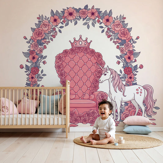 Kids-Mundo royal unicorn throne and rose arch wall mural fitted above a cot in a pink nursery