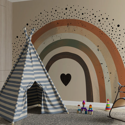 Kids-Mundo textured rainbow wallpaper mural styled behind a toddler bedroom bed