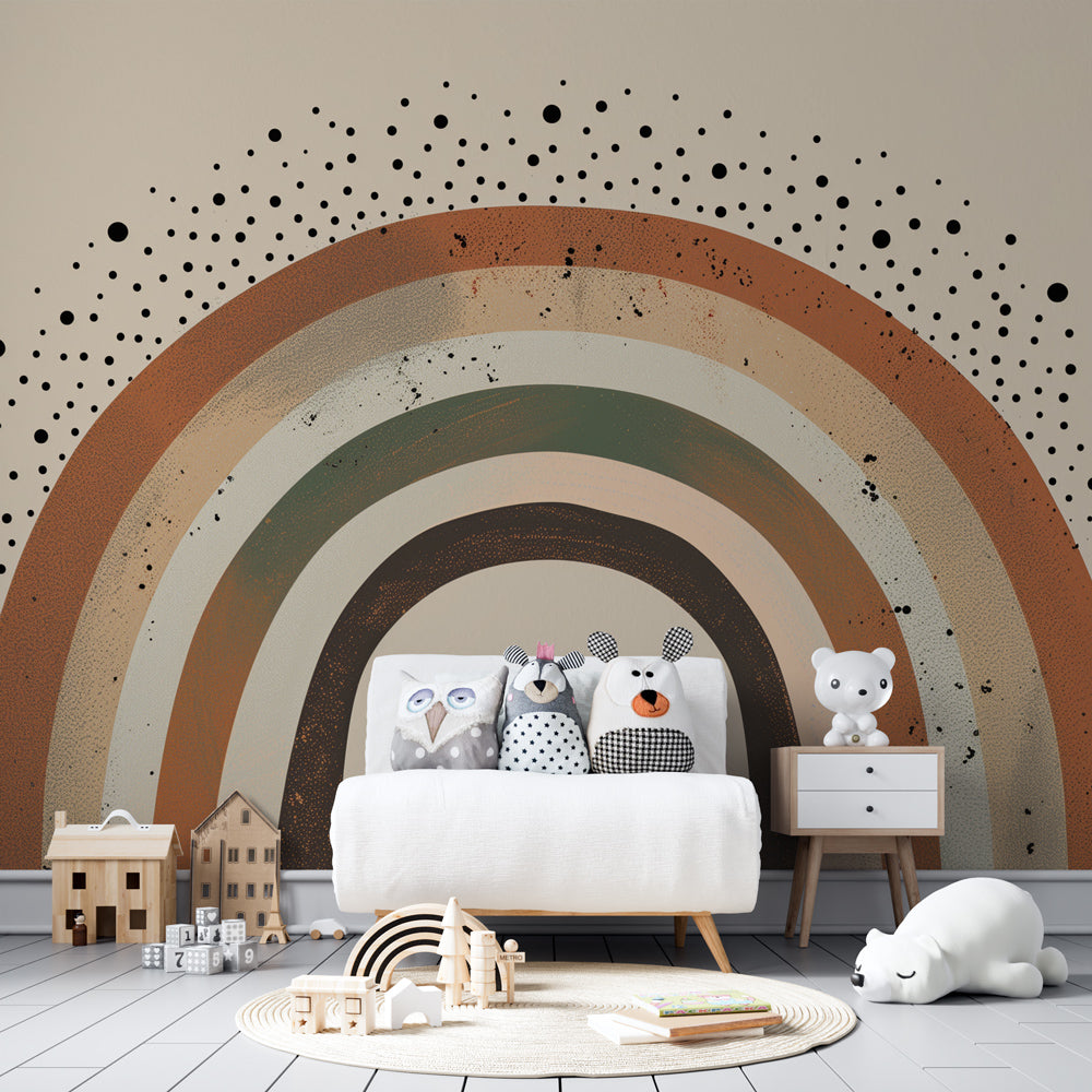 Kids-Mundo boho confetti rainbow wall mural covering a bright playroom wall