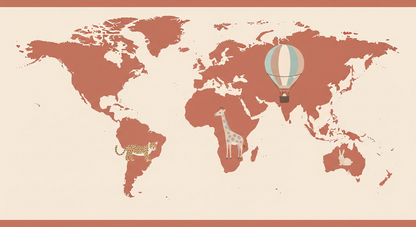 Flat artwork of the Kids-Mundo rust-toned bordered world map mural with leopard and giraffe