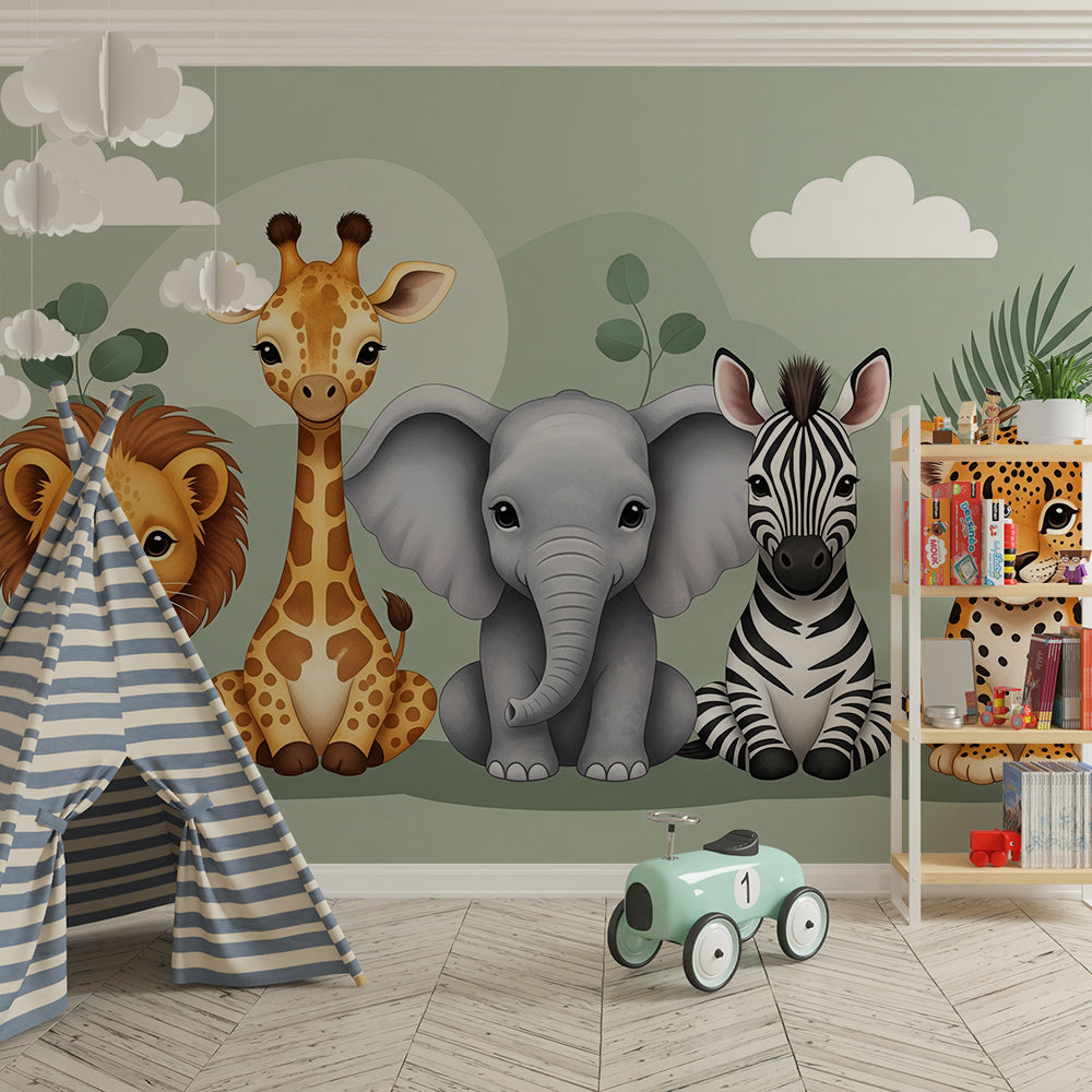 Kids-Mundo lion, giraffe and zebra safari mural featured in a kids bedroom