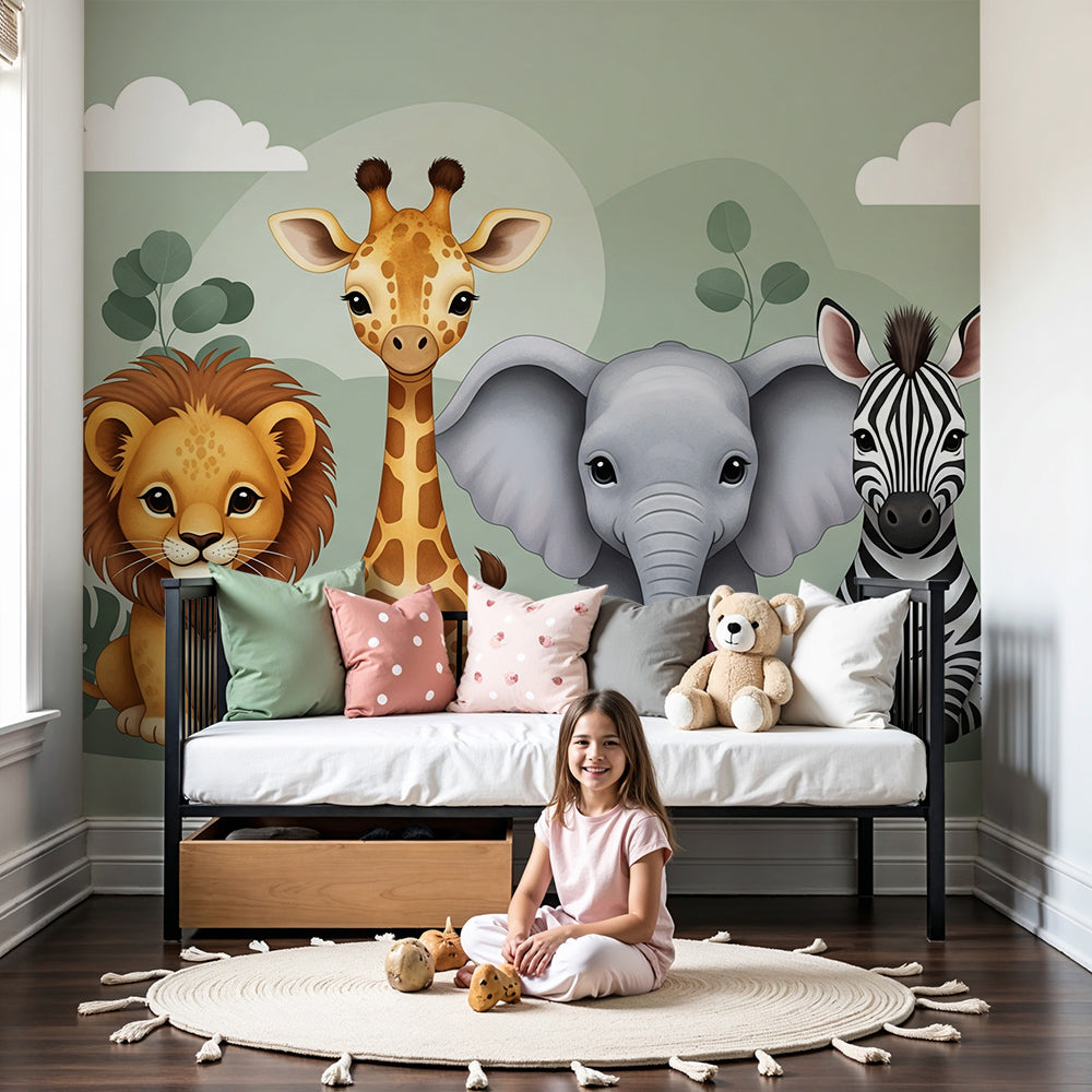 Kids-Mundo safari animal wall mural styled in a soft sage green nursery