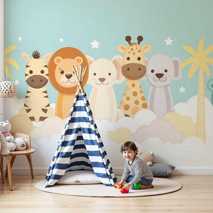 Kids-Mundo safari animal friends wall mural styled above a cot in a soft mint baby nursery