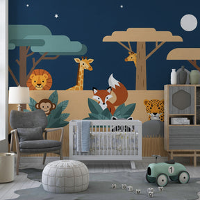 Moonlit adventure safari wallpaper creating magical atmosphere in children's bedroom