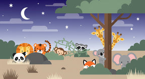 Detailed safari animal mural wallpaper design pattern showing hiding animals under starlit sky by Kids-Mundo