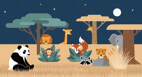 Detailed safari animal mural wallpaper design pattern with panda, elephants, and giraffes by Kids-Mundo