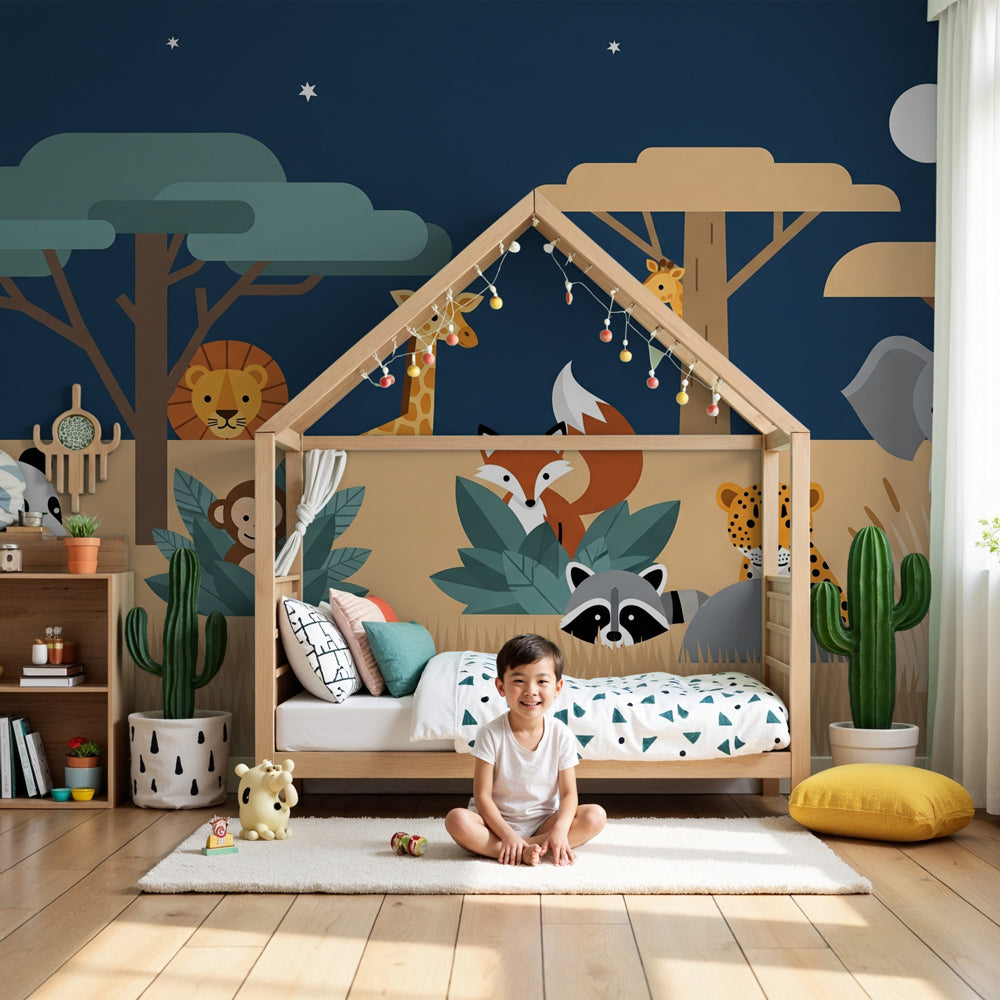 Safari animal mural wallpaper with panda and lions in moonlit nursery by Kids-Mundo