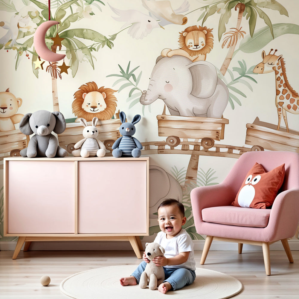 Safari animal mural wallpaper in bright nursery room with cheerful jungle design by Kids-Mundo