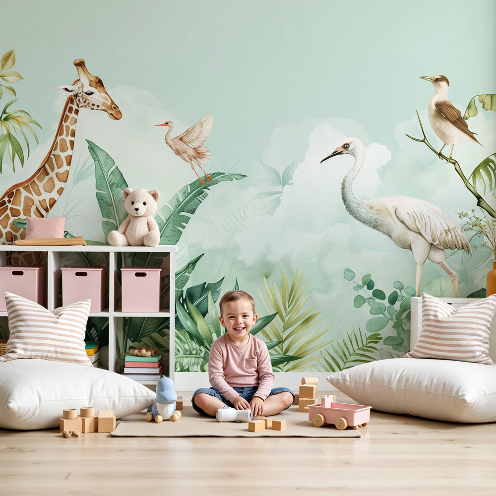 Safari animal mural wallpaper with watercolor giraffes in modern nursery by Kids-Mundo