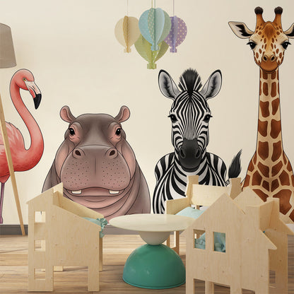 Kids-Mundo flamingo, hippo, zebra and giraffe mural on a feature wall in a kids bedroom