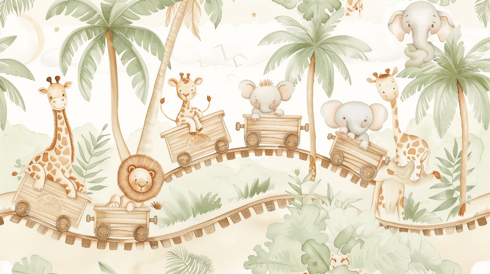 Giraffe and Lion Safari Train Wall Mural