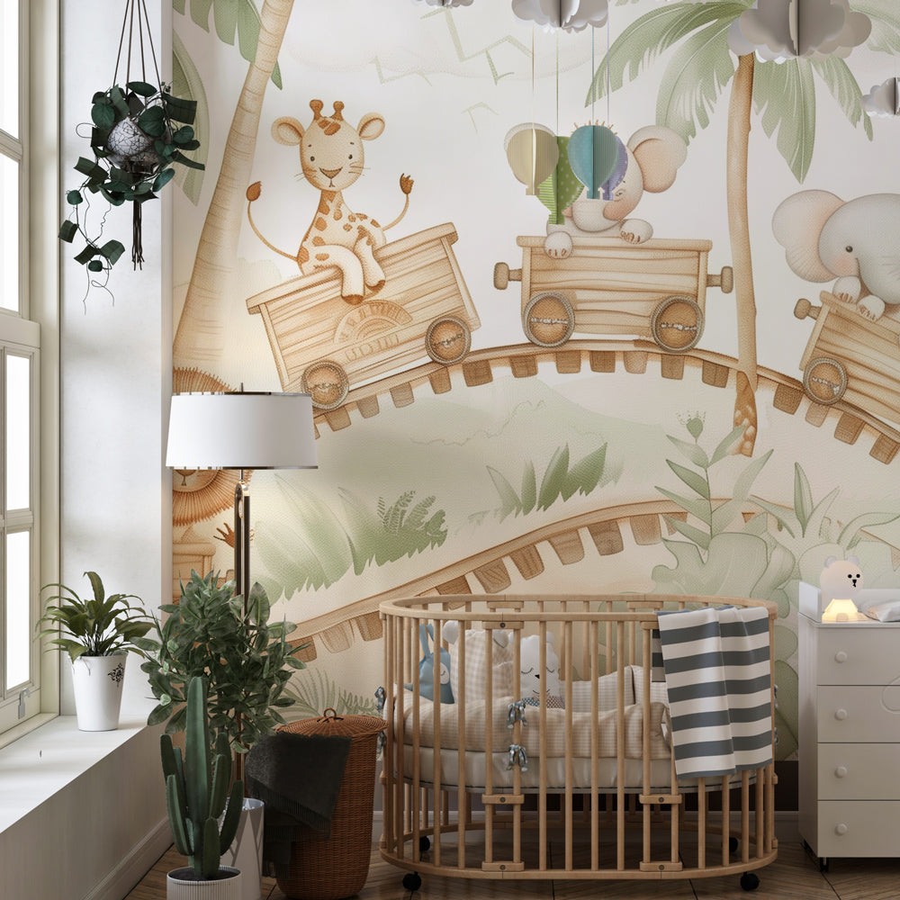 Kids-Mundo safari animal train wall mural filling a bright, cheerful children's playroom wall