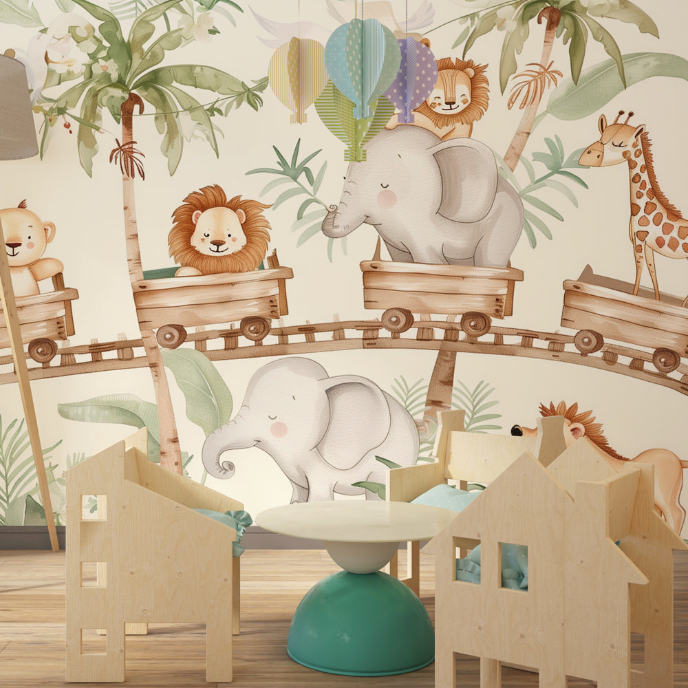 Kids-Mundo safari animal train mural covering a feature wall in a bright kids' bedroom