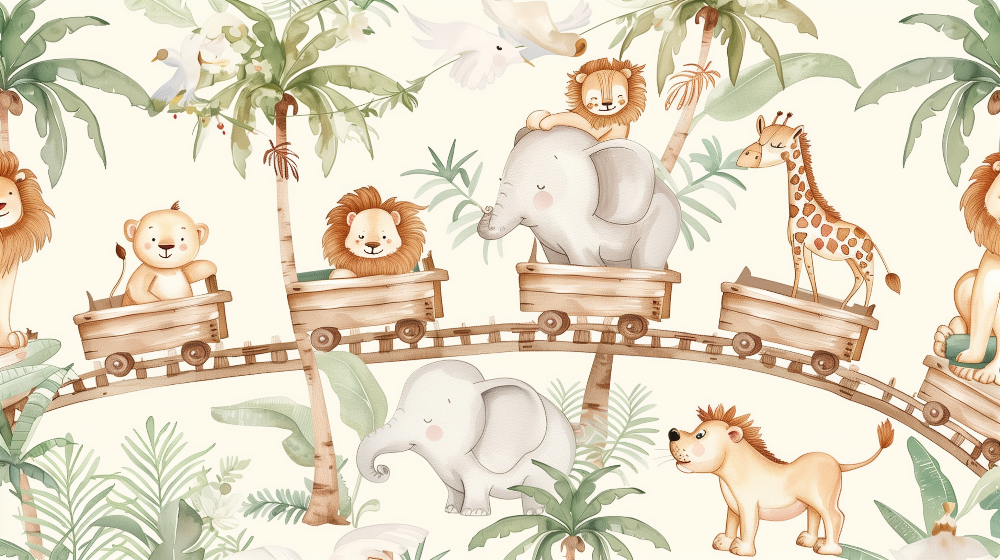 Kids-Mundo flat artwork of lions, an elephant and a giraffe riding wooden train carts through palms