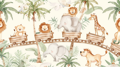 Kids-Mundo flat artwork of lions, an elephant and a giraffe riding wooden train carts through palms