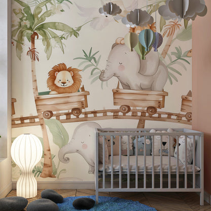 Kids-Mundo safari train wall mural bringing a jungle adventure to a children's playroom