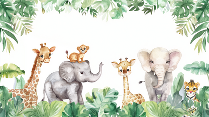 Kids-Mundo flat artwork of giraffes, elephants, a lion cub and a tiger cub framed by tropical leaves.